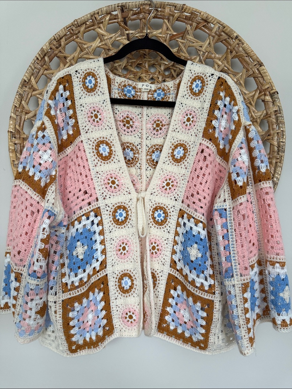 POL Crochet Patchwork Cardigan in Pink, Blue & Brown